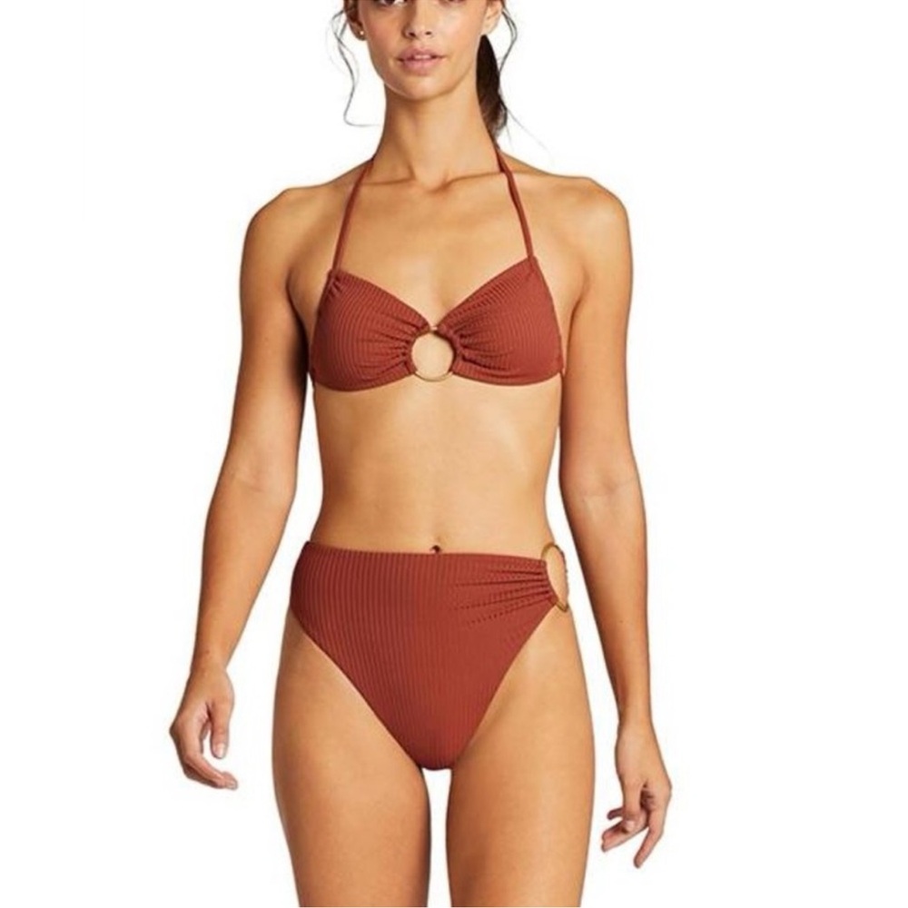 Vitamin A Ribbed Ring-Detail Bikini Set in henna